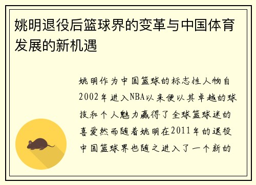 姚明退役后篮球界的变革与中国体育发展的新机遇